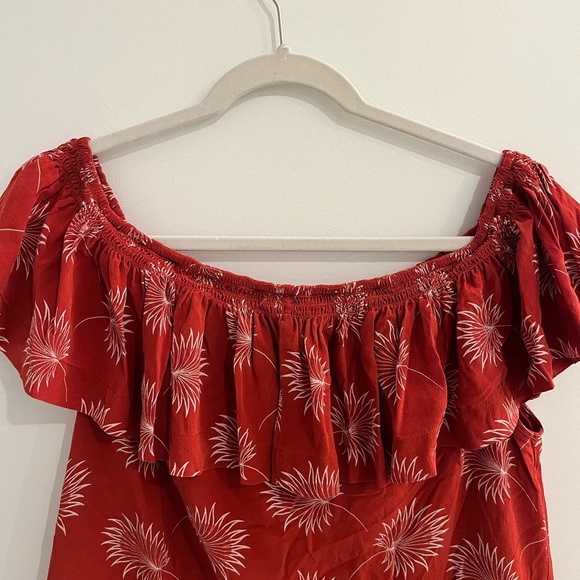 Madewell 100% Silk Red Palmflower Pattern Off The Shoulder Dress, Size L - Picture 3 of 6